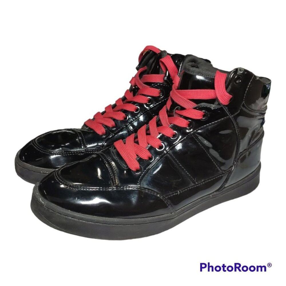Zara Patent Leather High Top Sneakers Black Red Lace Up Women US 9